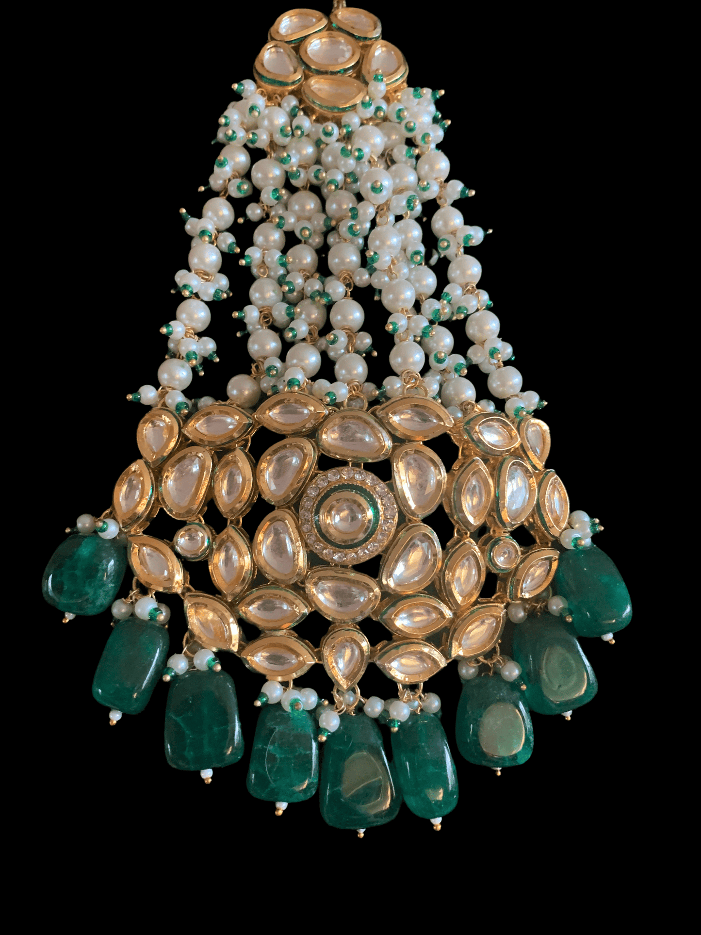 Trikha pearl kundan Jhoomar with green beads  ( SHIPS IN 4 WEEKS )