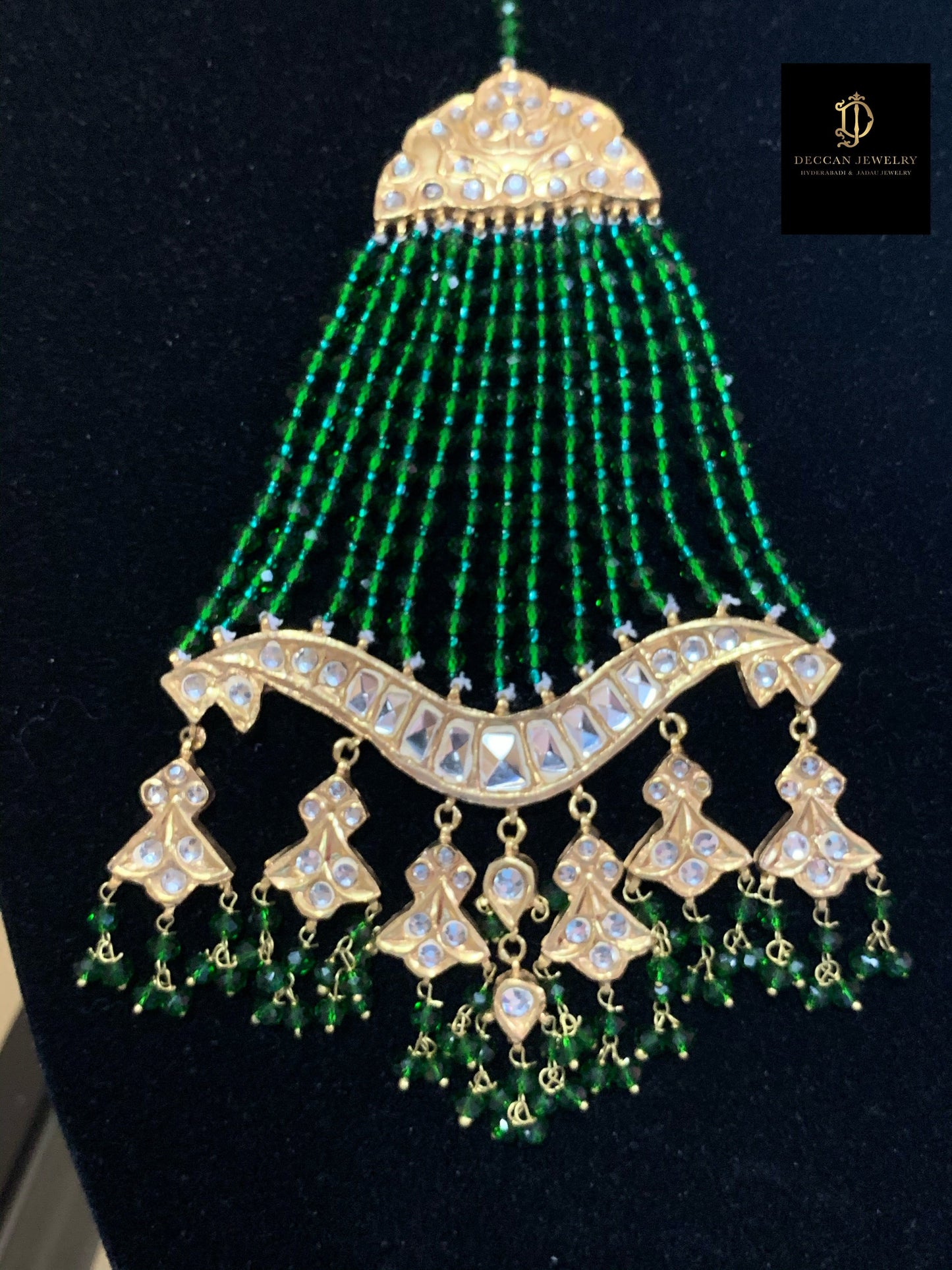 JTK21 Hiba kundan jhoomar tika ( green beads ) ( SHIPS IN 3 WEEKS  )