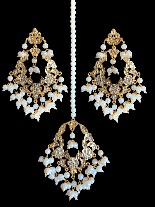 DJET33 Madhuri earrings tika set in pearls  ( READY TO SHIP )
