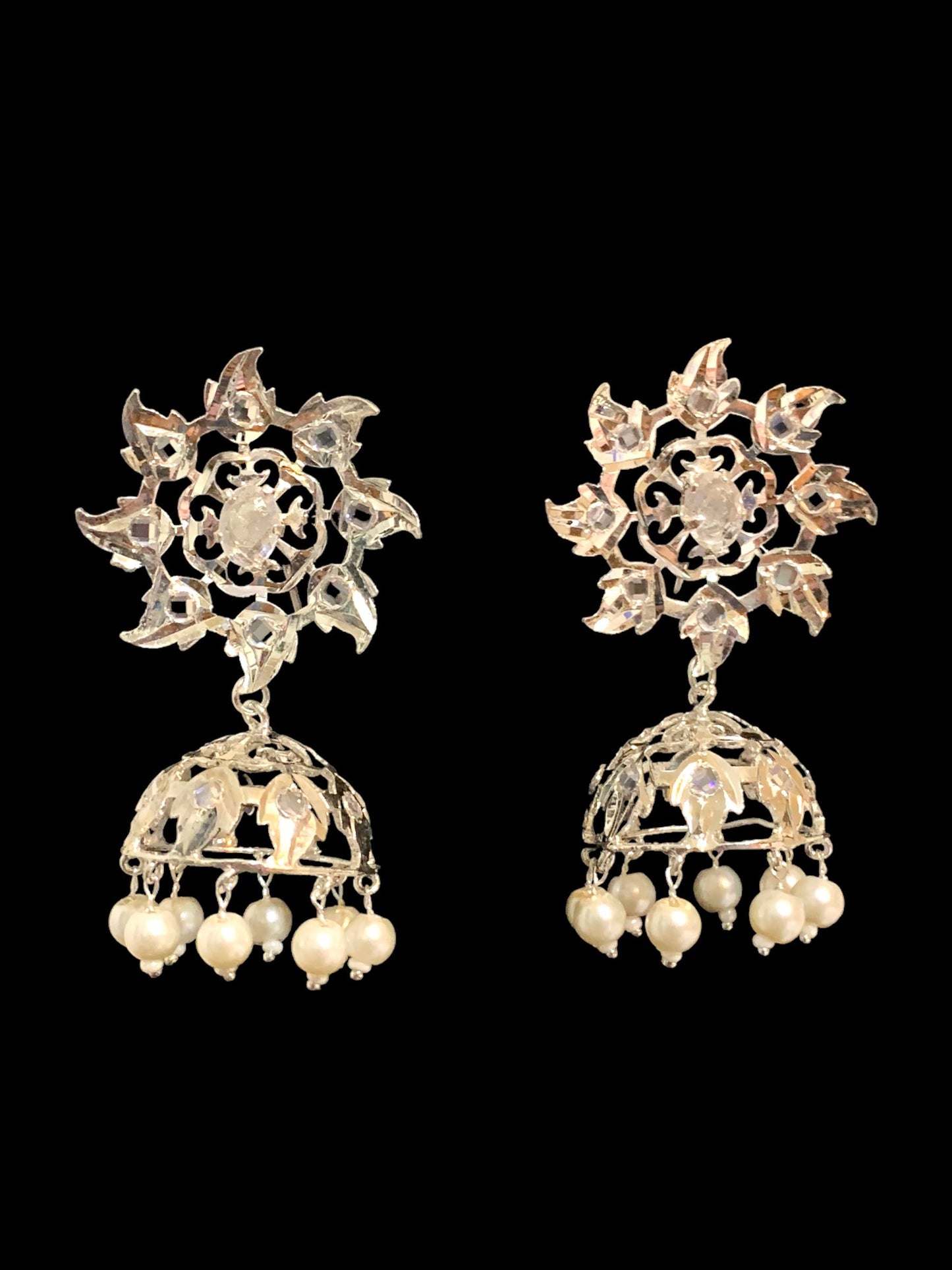 DER414 silver plated Karanphool jhumka ( pearls ) ( SHIPS IN 3 WEEKS )