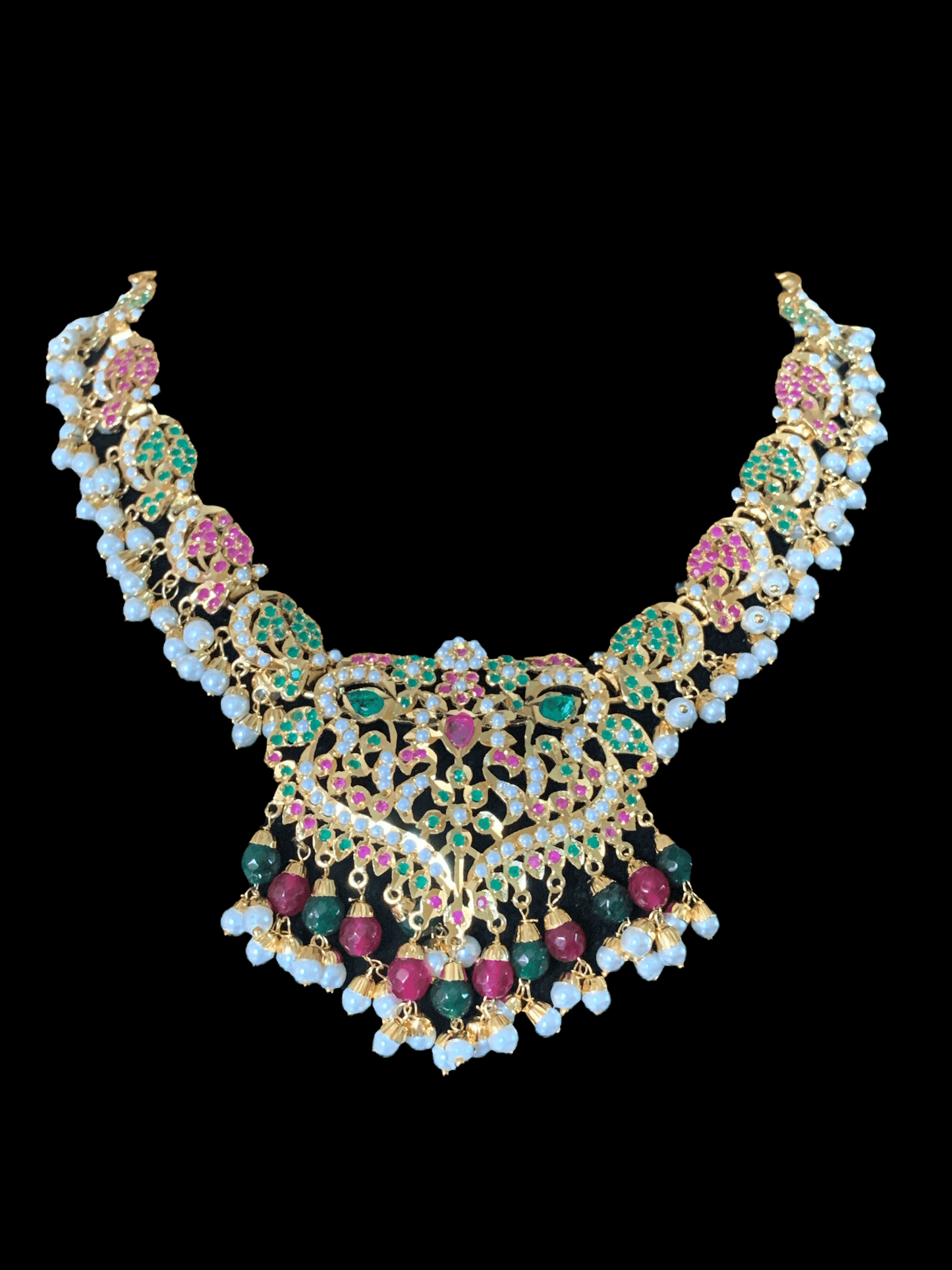 NS72 Neeli jadau pearl necklace with earrings tika in ruby emerald( READY TO SHIP )