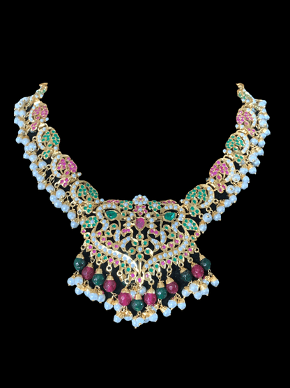 NS72 Neeli jadau pearl necklace with earrings tika in ruby emerald( READY TO SHIP )