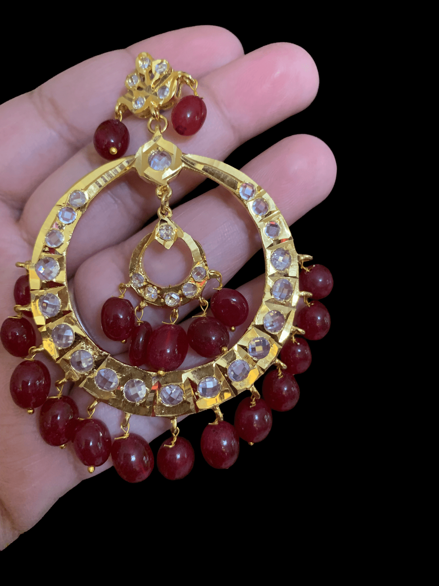 Double Chandbali in quartz ruby beads DER31 ( SHIPS IN 3 WEEKS  )