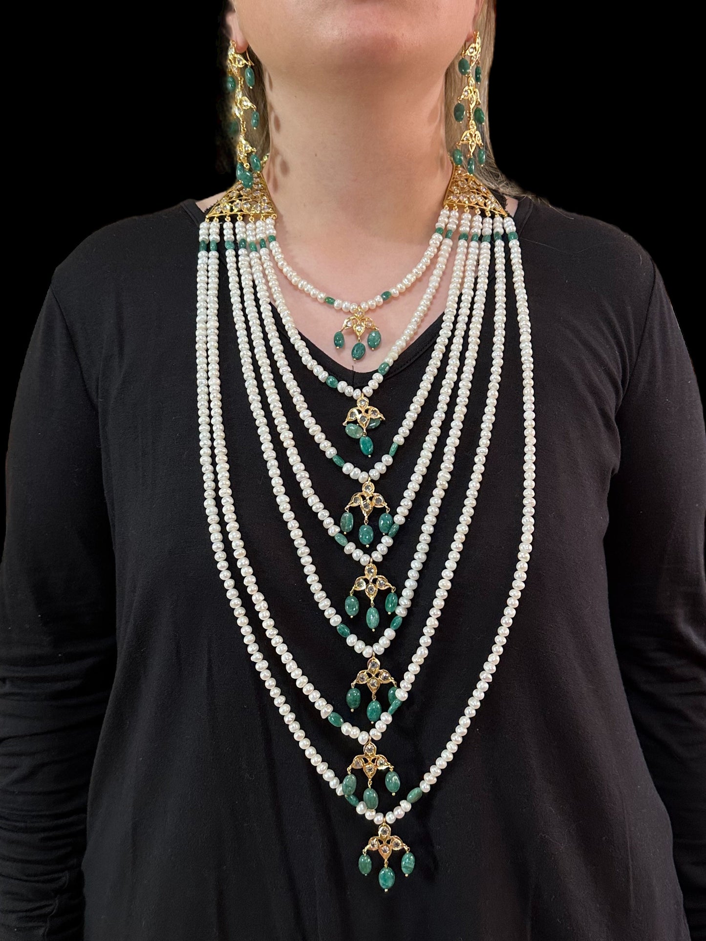 SAT77 Hyderabadi satlada in emerald beads and fresh water pearls ( SHIPS IN 2 WEEKS )