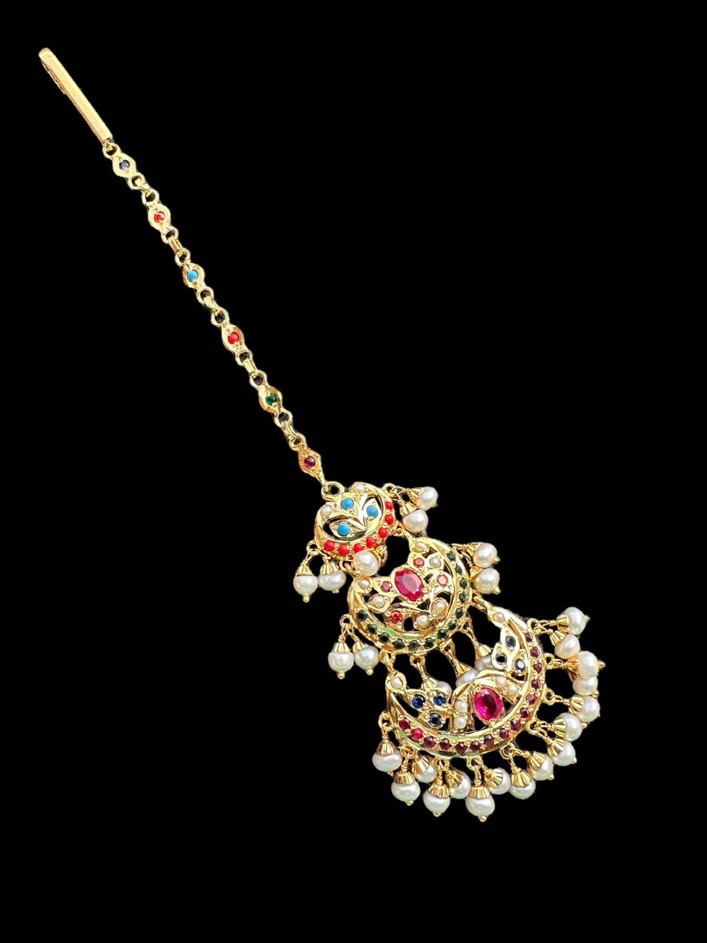 Gold plated silver tika in navratan ( READY TO SHIP )