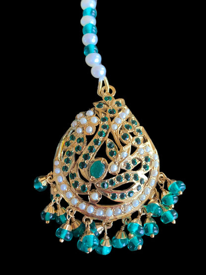 Gold plated silver tikka in pearls and emeralds ( READY TO SHIP )