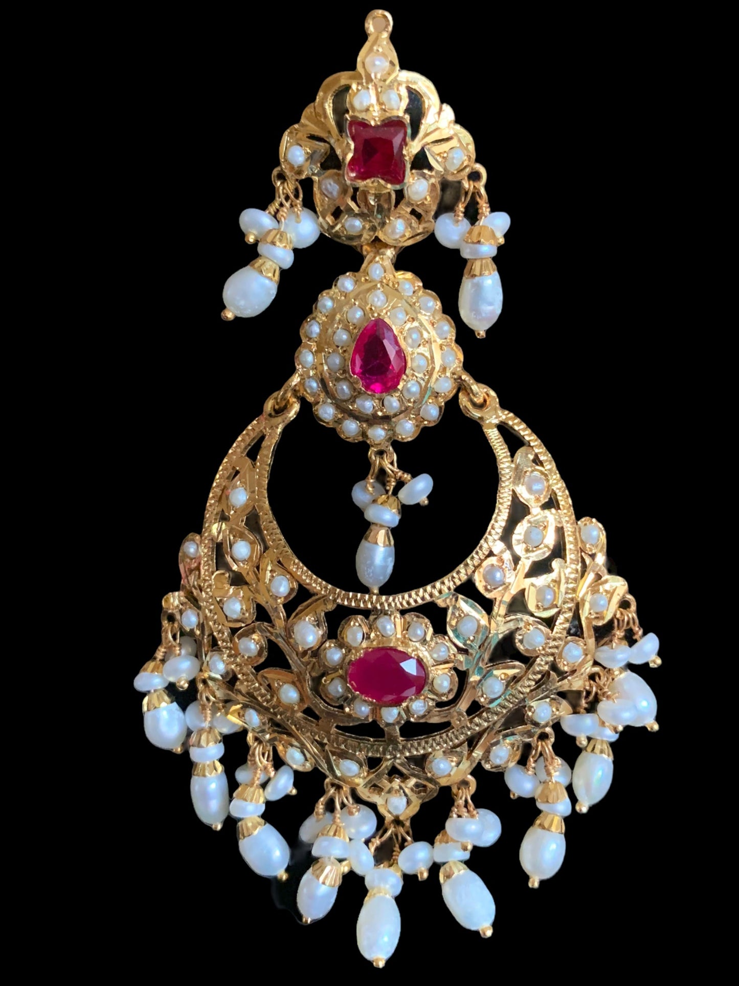 Nadine gold plated silver earrings in fresh water pearls and rubies ( SHIPS IN 4 WEEKS )