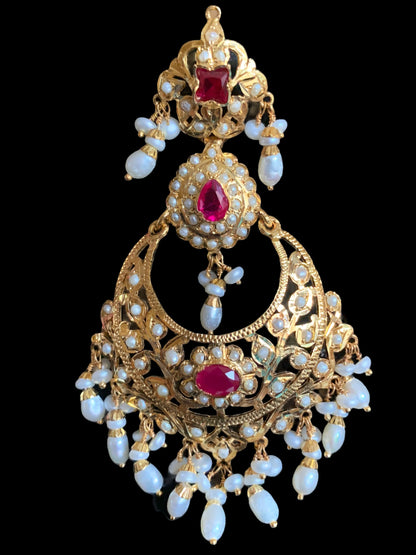 Nadine gold plated silver earrings in fresh water pearls and rubies ( SHIPS IN 4 WEEKS )