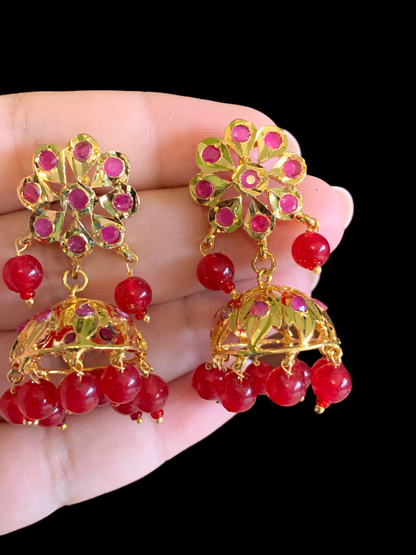 DER345 Ruby jhumka in flower tops ( SHIPS IN 3 WEEKS )