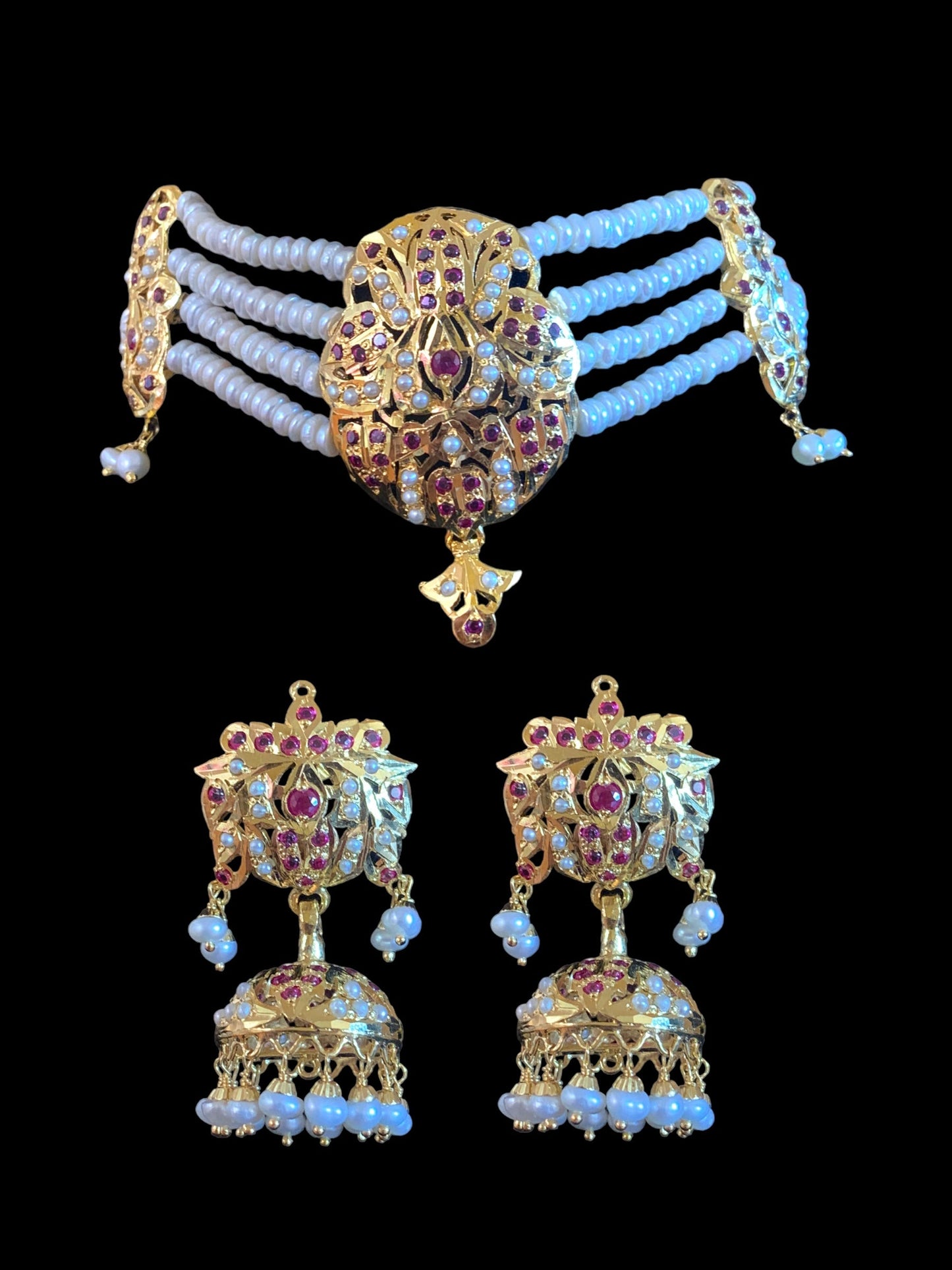 ALARNA gold plated silver choker in rubies and fresh water pearls ( SHIPS IN 4 WEEKS )