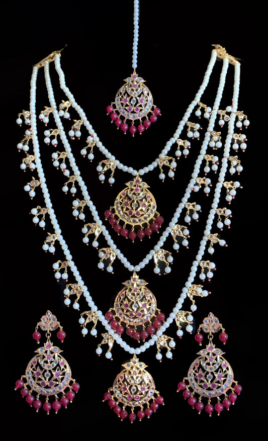 Tooba ruby three layered pearl necklace with earrings and Tika (SHIPS IN 4 WEEKS )