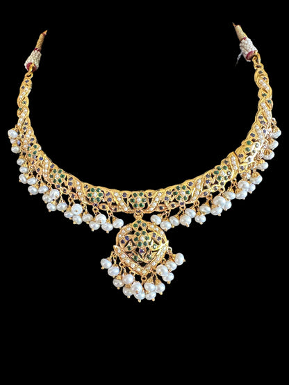 Emerald sapphire with fresh water pearl necklace with earrings in gold plated silver ( READY TO SHIP)