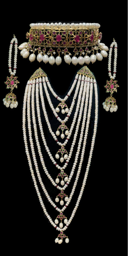 BR7 Insia bridal jadavi lacha satlada set in ruby with fresh water pearls  , READY TO SHIP