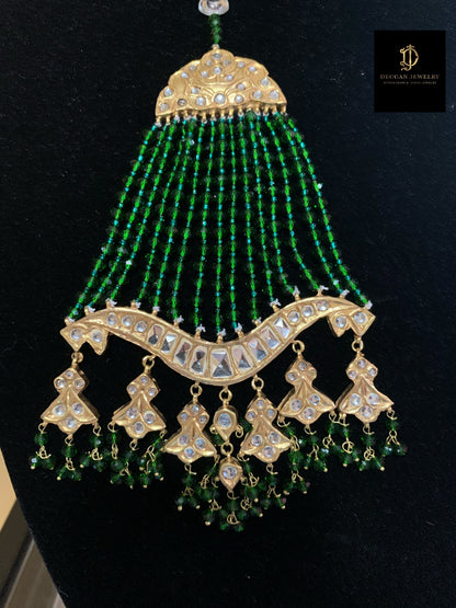 JTK21 Hiba kundan jhoomar tika ( green beads ) ( SHIPS IN 3 WEEKS  )