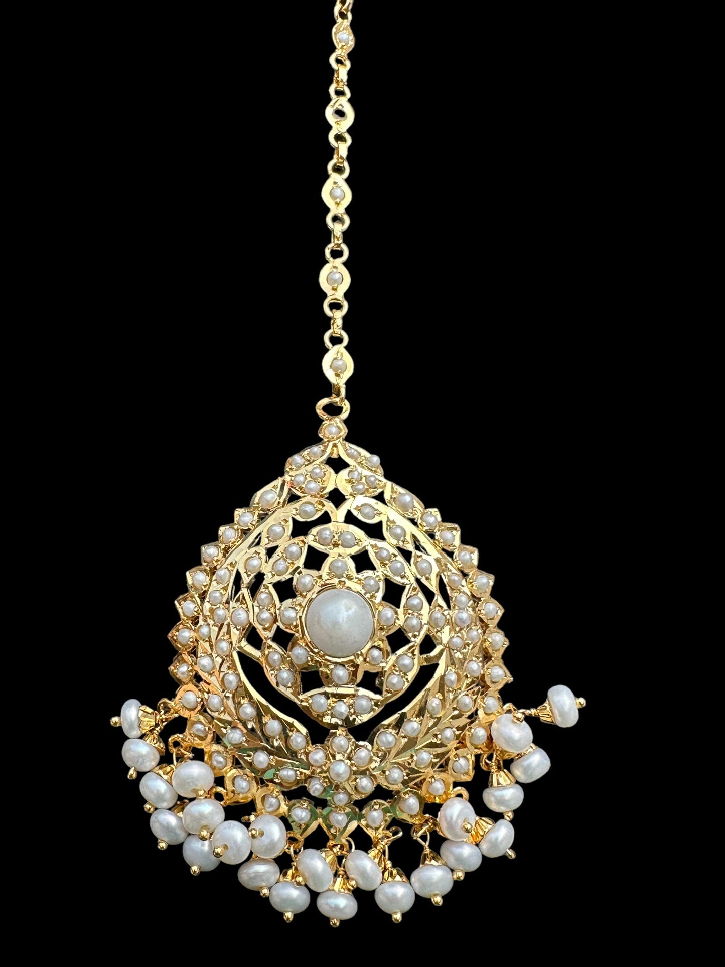 Gold plated silver tikka in fresh water pearls ( READY TO SHIP )