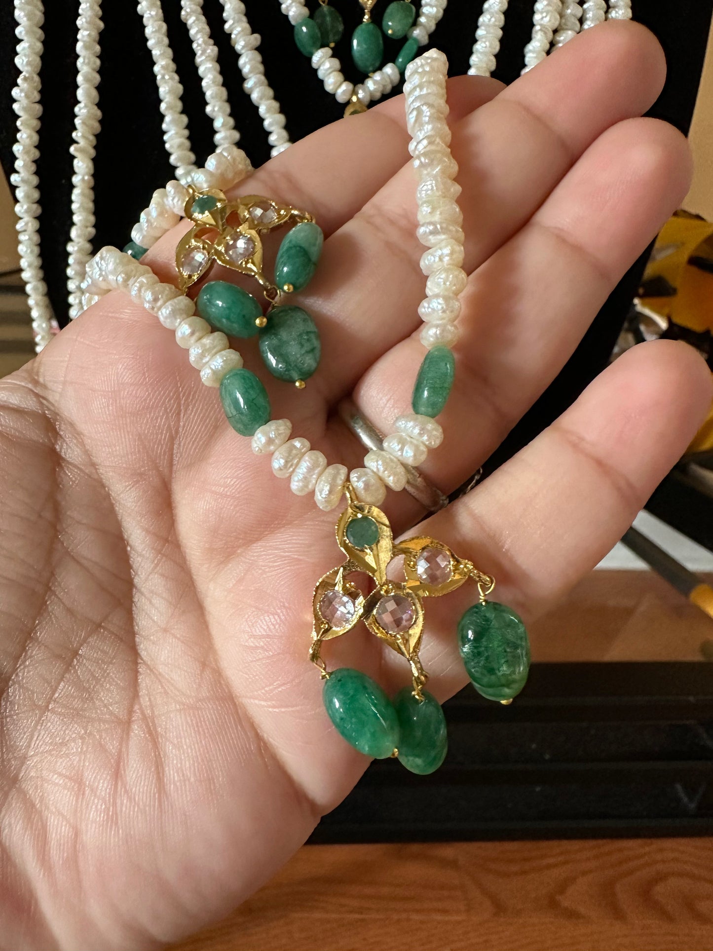 SAT81 Hyderabadi satlada in emerald beads and fresh water pearls (SHIPS IN 2 WEEKS )