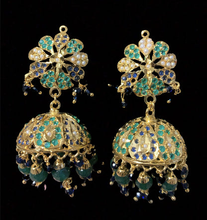 Rashmika jadau necklace with jhumka ( green blue ) ( READY TO SHIP )