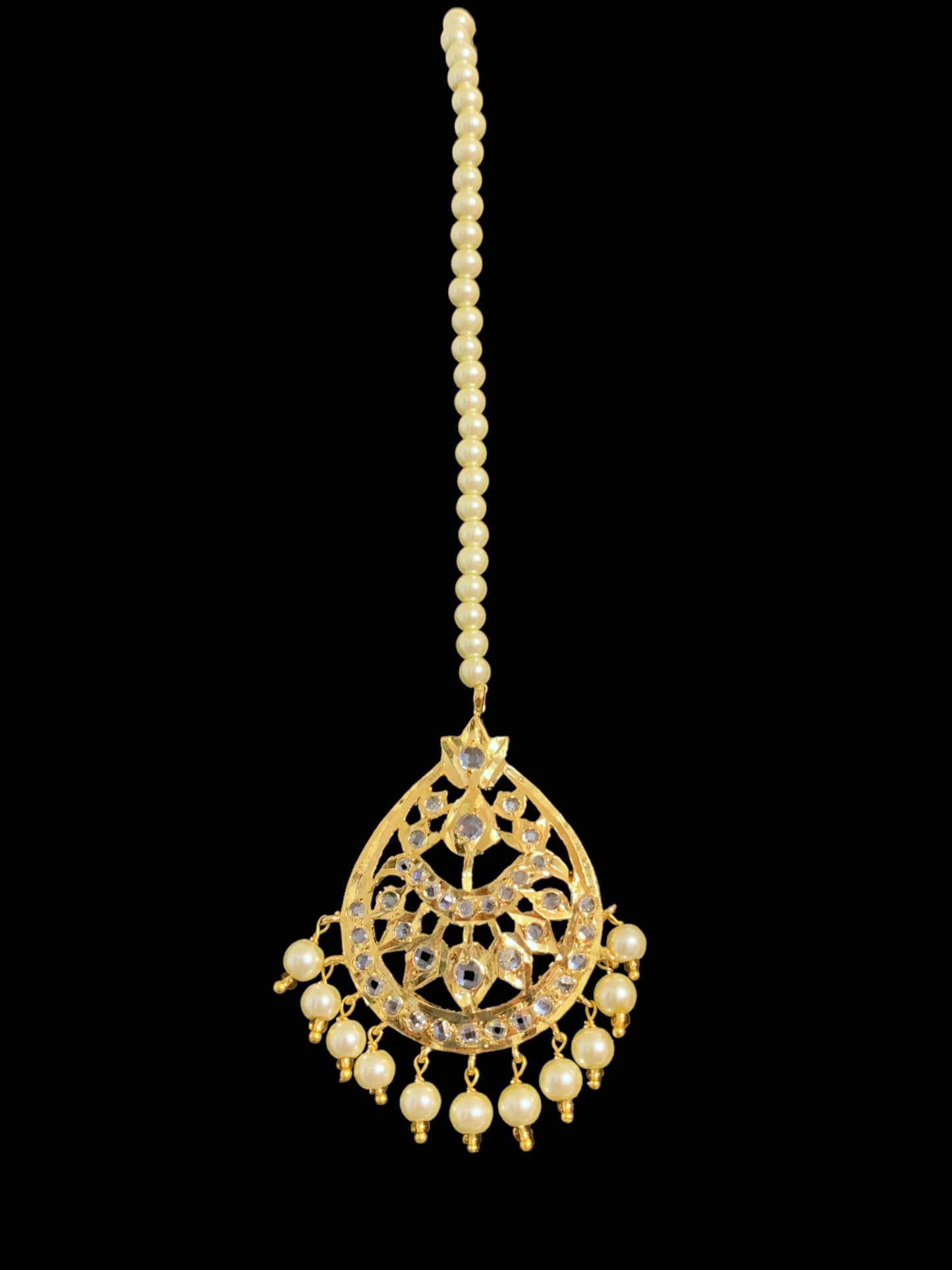 DJTK111 Ria Hyderabadi Jadau tika in golden pearls and polki