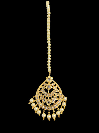 DJTK111 Ria Hyderabadi Jadau tika in golden pearls and polki