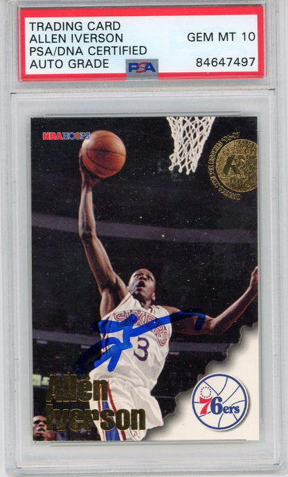 Graded 1996-97 NBA Hoops Allen Iverson #295 Autographed Rookie RC Basketball Card PSA 10 Gem Mint