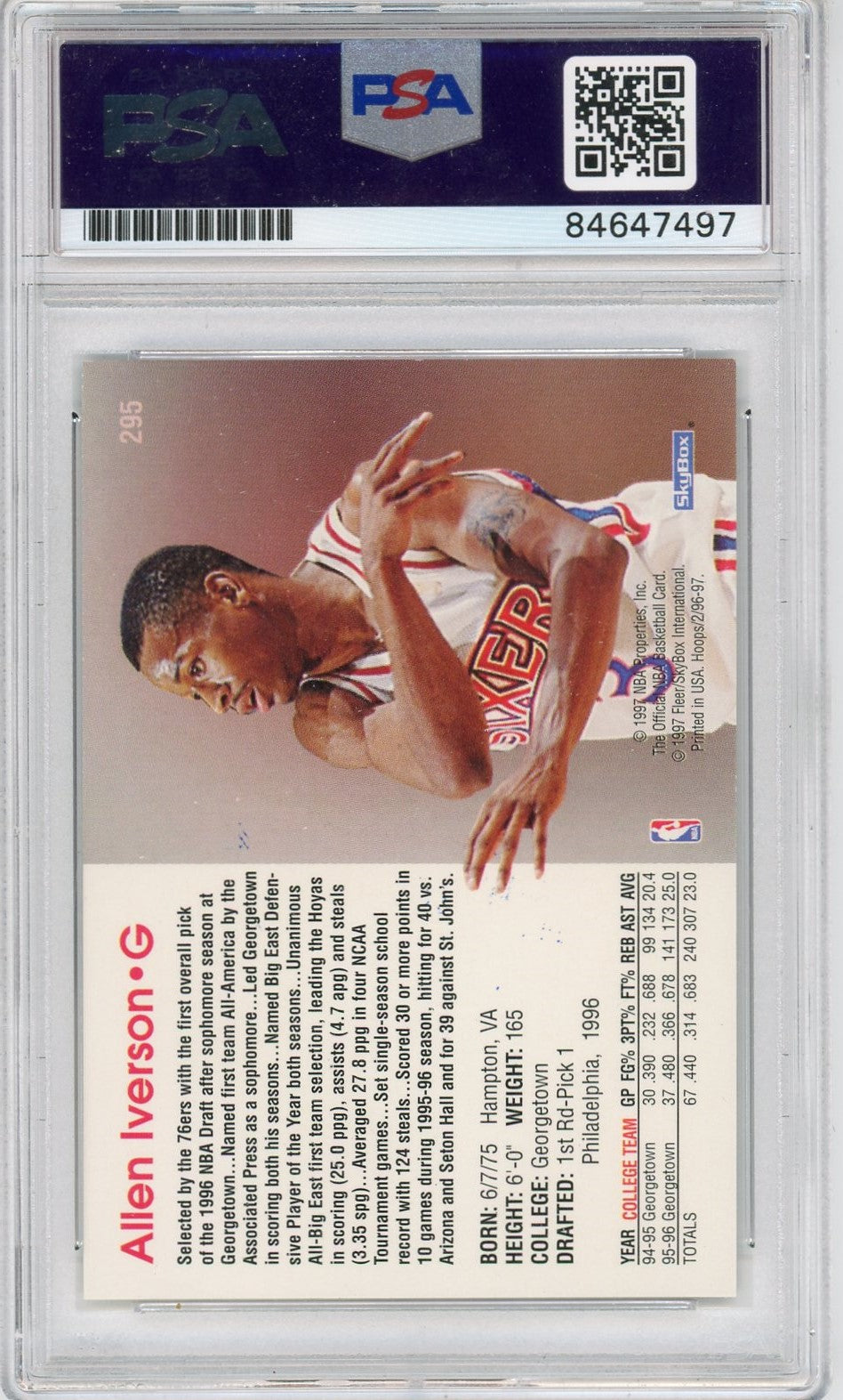 Graded 1996-97 NBA Hoops Allen Iverson #295 Autographed Rookie RC Basketball Card PSA 10 Gem Mint