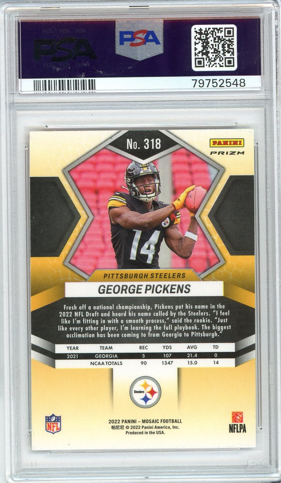Graded 2022 Panini Mosaic George Pickens #318 Reactive Orange Rookie RC Football Card PSA 10 Gem Mint