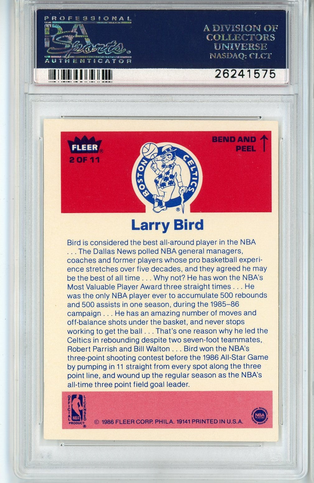 Graded 1986 Fleer Sticker Larry Bird #2 Basketball Card PSA 7 Near Mint