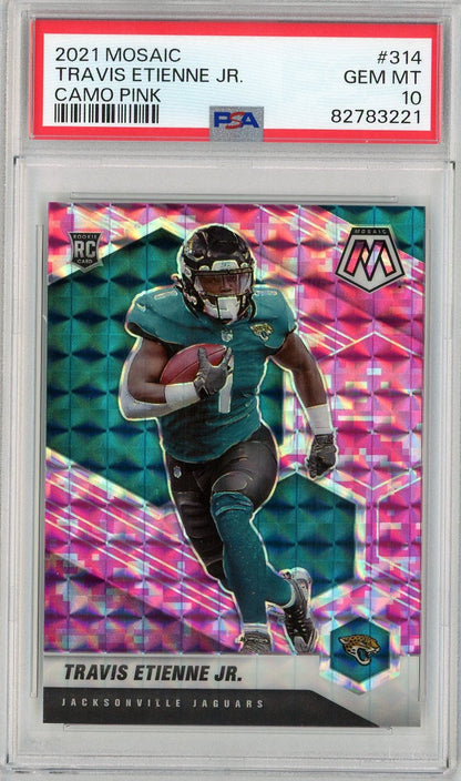 Graded 2021 Panini Mosaic Travis Etienne Jr. #314 Camo Pink Rookie RC Football Card PSA 10 Gem Mint