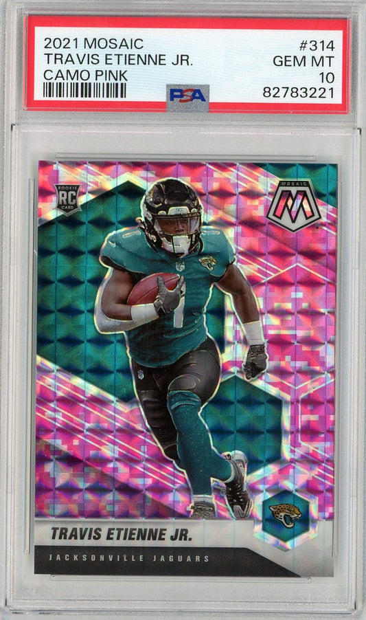 Graded 2021 Panini Mosaic Travis Etienne Jr. #314 Camo Pink Rookie RC Football Card PSA 10 Gem Mint