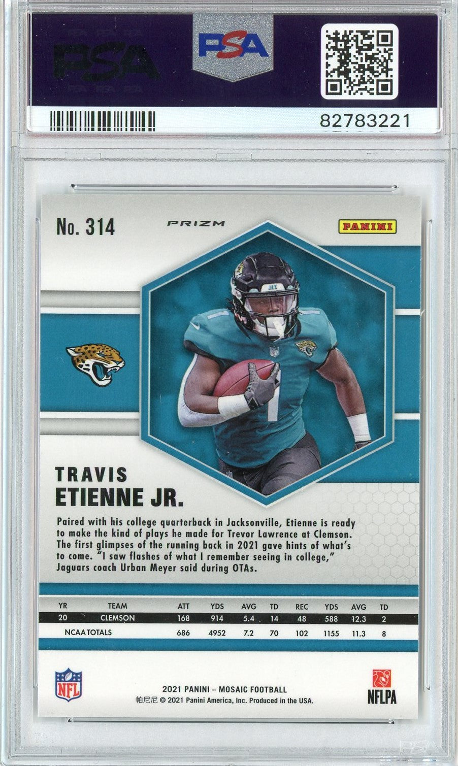 Graded 2021 Panini Mosaic Travis Etienne Jr. #314 Camo Pink Rookie RC Football Card PSA 10 Gem Mint