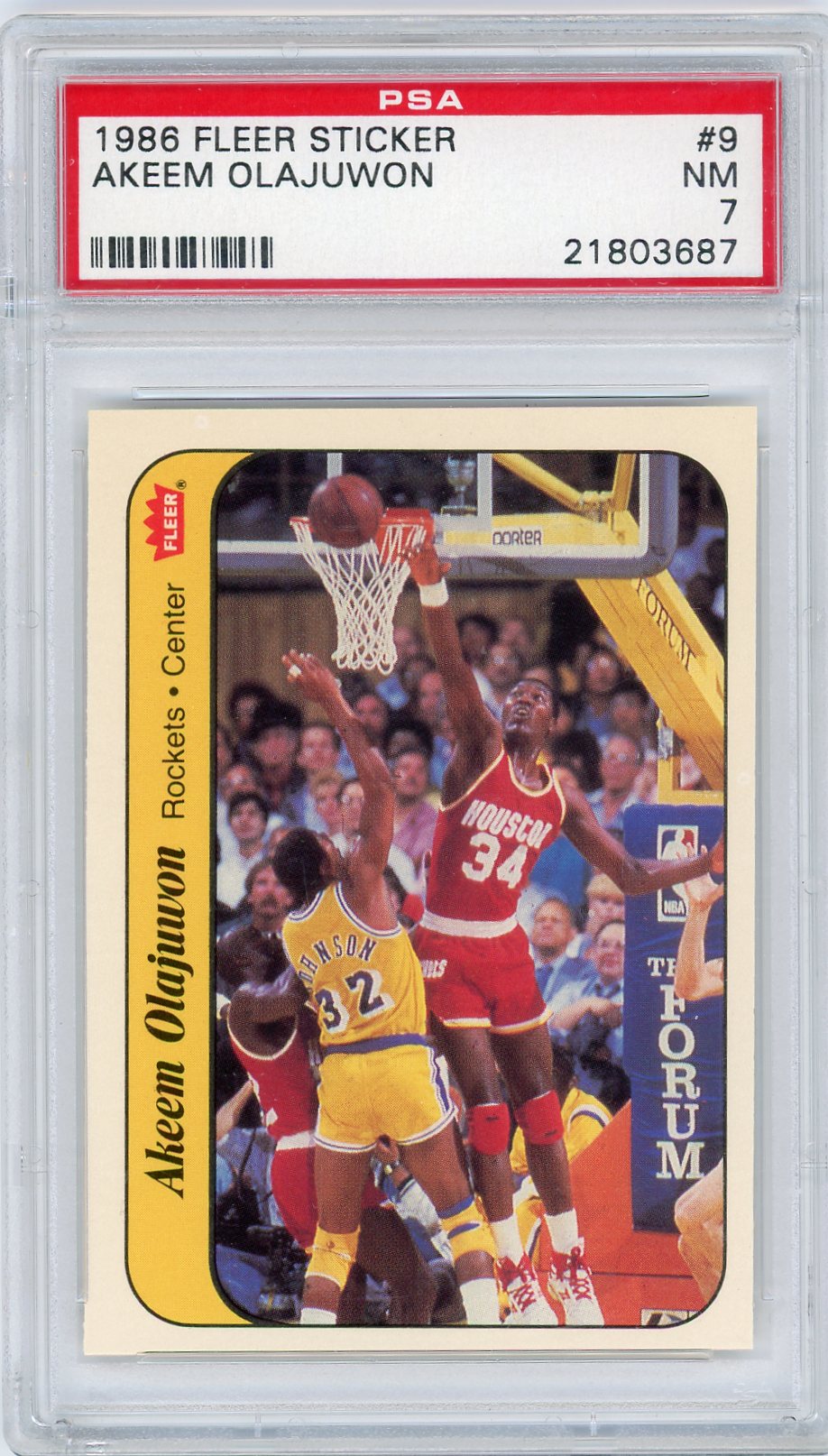 Graded 1986 Fleer Sticker Hakeem Akeem Olajuwon #9 Rookie RC Basketball Card PSA 7 Near Mint