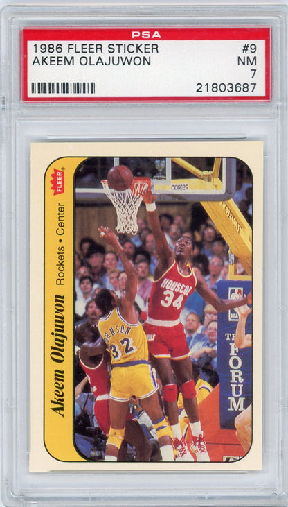 Graded 1986 Fleer Sticker Hakeem Akeem Olajuwon #9 Rookie RC Basketball Card PSA 7 Near Mint