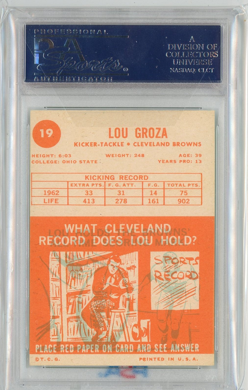 Graded 1963 Topps Lou Groza #19 Football Card PSA 6 EX-MT