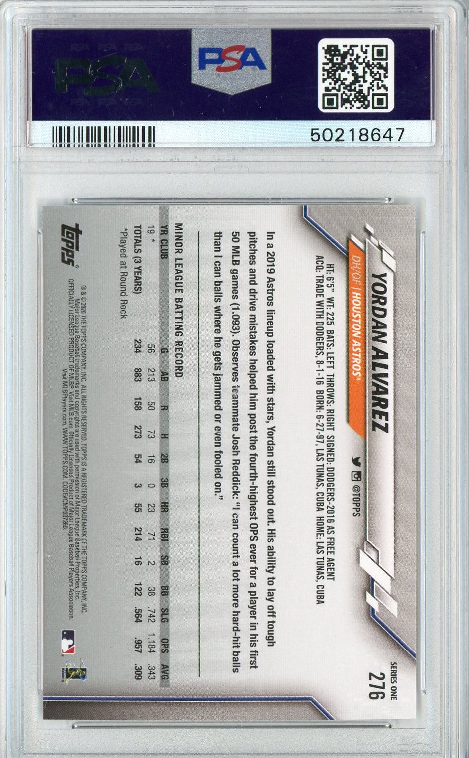 Graded 2020 Topps Yordan Alvarez #276 Rookie RC Baseball Card PSA 10 Gem Mint