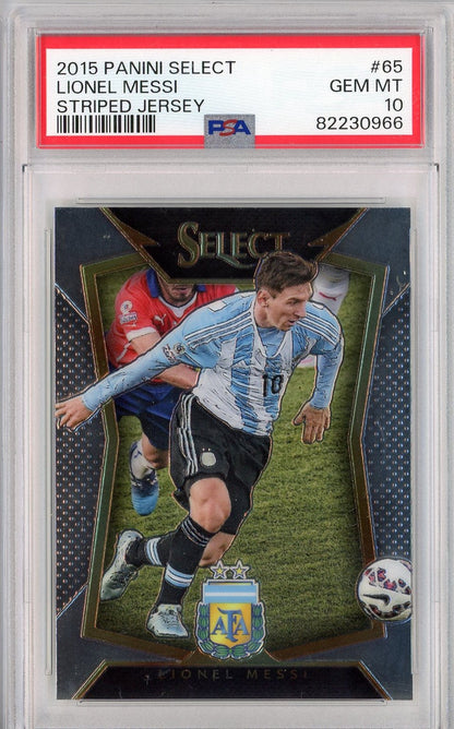 Graded 2015 Panini Select Lionel Messi #65 Striped Jersey Soccer Card PSA 10 Gem Mint