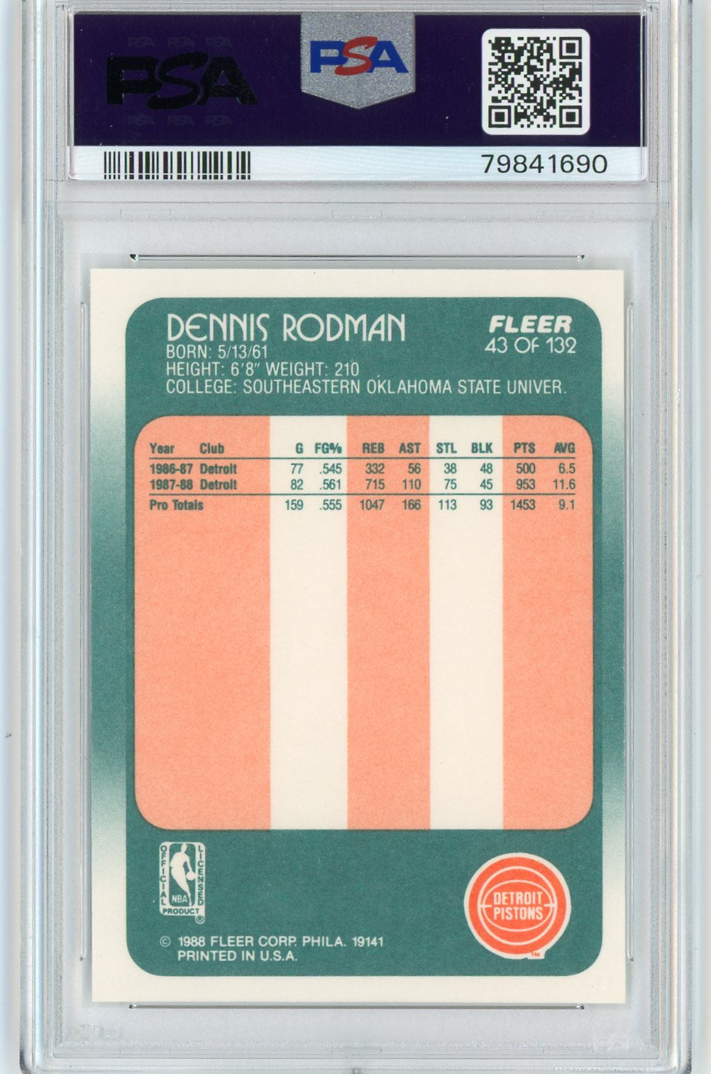 Graded 1988 Fleer Dennis Rodman #43 Rookie RC Basketball Card PSA 8 NM-MT