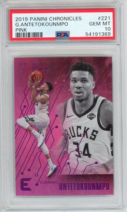 Graded 2019 Panini Chronicles Giannis Antetokounmpo #221 Pink Basketball Card PSA 10 Gem Mint