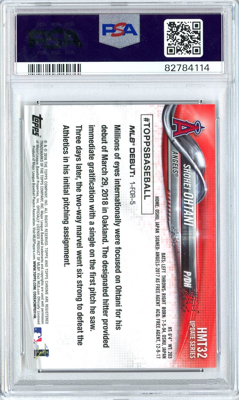 Graded 2018 Topps Chrome Update Shohei Ohtani #HMT32 Rookie RC Baseball Card PSA 9 Mint