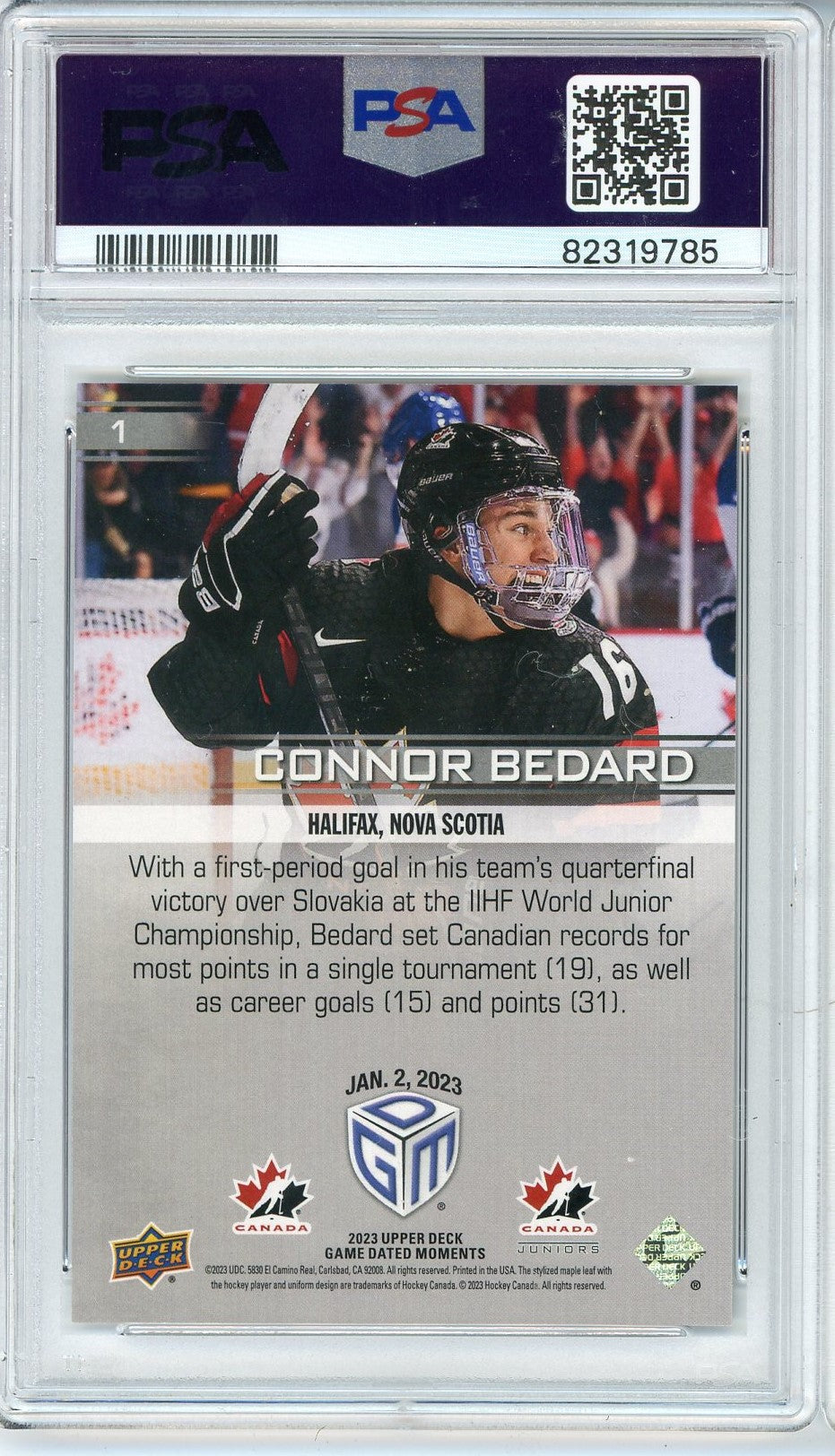 Graded 2023 Upper Deck Connor Bedard #1 Game Dated Moments Rookie RC Hockey Card PSA 10 Gem Mint