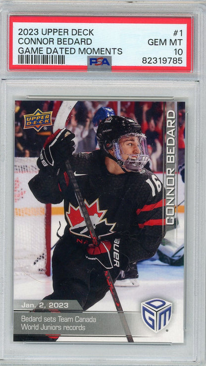 Graded 2023 Upper Deck Connor Bedard #1 Game Dated Moments Rookie RC Hockey Card PSA 10 Gem Mint