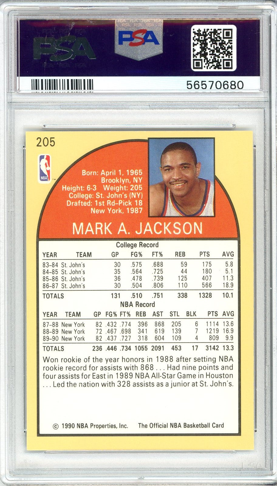 Graded 1990 Hoops Mark Jackson #205 Basketball Card PSA 9 Mint