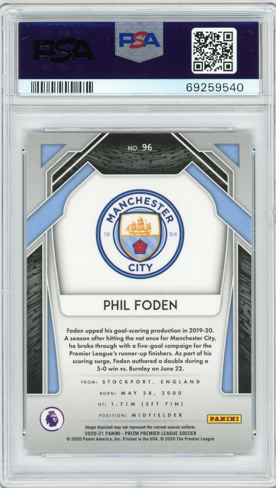 Graded 2020 Panini Prizm Premier League Phil Foden #96 Soccer Card PSA 10 Gem Mint