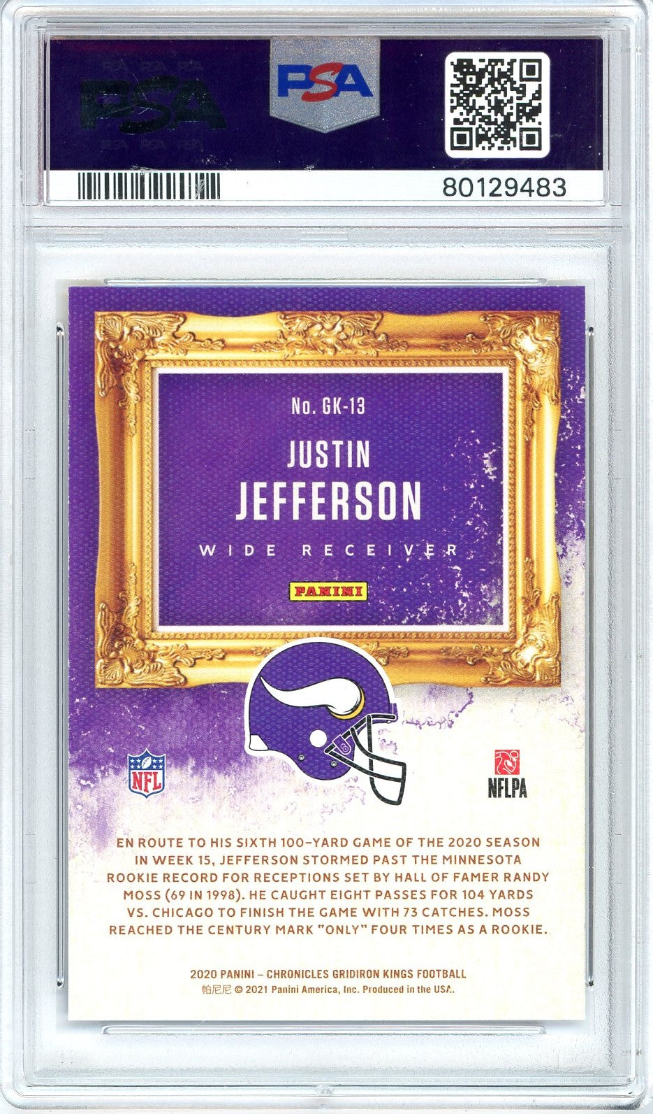 Graded 2020 Panini Chronicles Justin Jefferson #GK13 Gridiron Kings Rookie RC Football Card PSA 10 Gem Mint