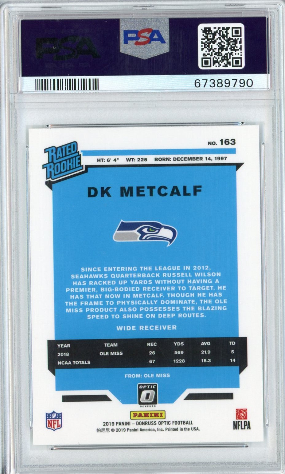 Graded 2019 Panini Donruss Optic DK Metcalf #163 Rookie RC Football Card PSA 10 Gem Mint