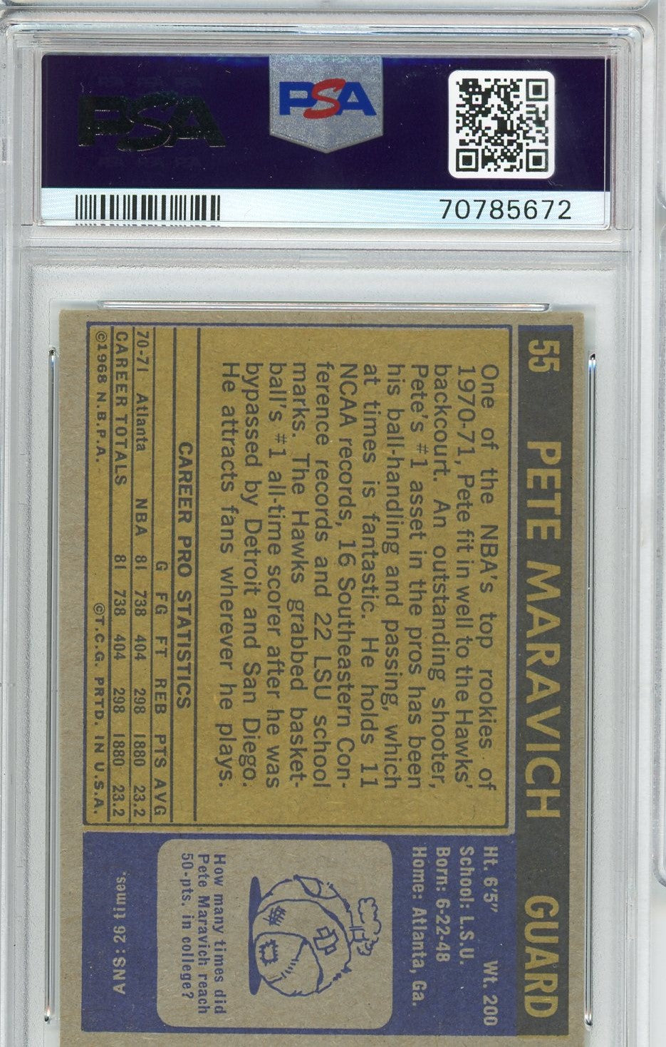 Graded 1971 Topps Pistol Pete Maravich #55 2nd Year Basketball Card PSA 6 EX-MT