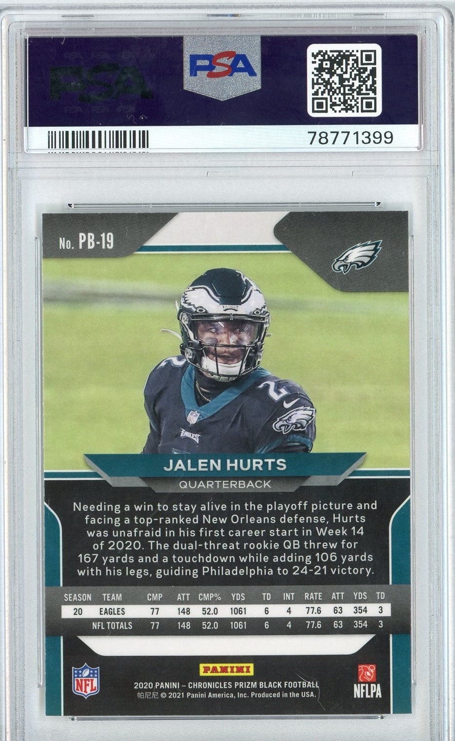 Graded 2020 Panini Chronicles Jalen Hurts #PB19 Prizm Black Rookie RC Football Card PSA 10 Gem Mint