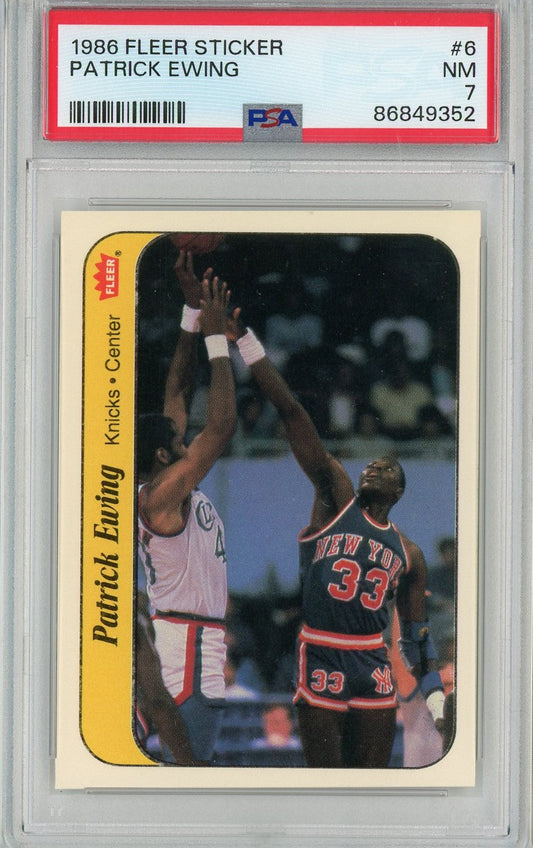 Graded 1986 Fleer Sticker Patrick Ewing #6 Rookie RC Basketball Card PSA 7 Near Mint
