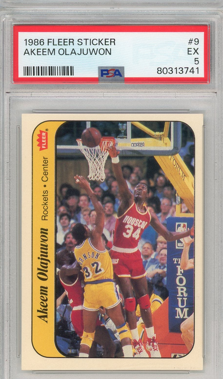 Graded 1986 Fleer Sticker Hakeem Akeem Olajuwon #9 Rookie RC Basketball Card PSA 5 Excellent