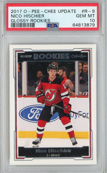 Graded 2017 UD O-Pee-Chee Update Nico Hischier #R-9 Glossy Rookies RC Hockey Card PSA 10 Gem Mint