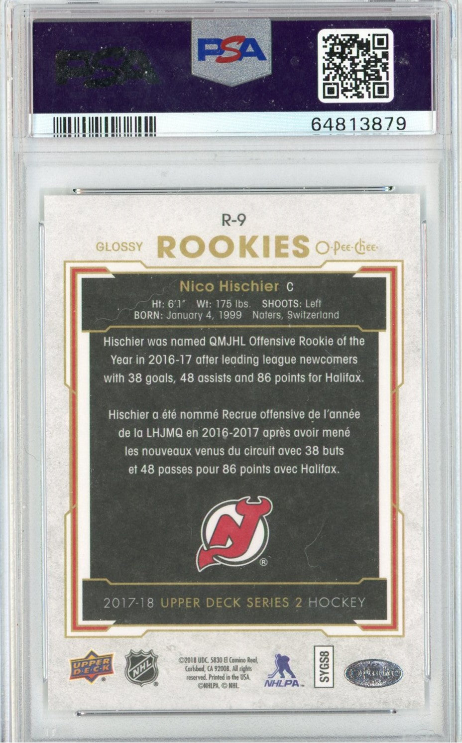 Graded 2017 UD O-Pee-Chee Update Nico Hischier #R-9 Glossy Rookies RC Hockey Card PSA 10 Gem Mint
